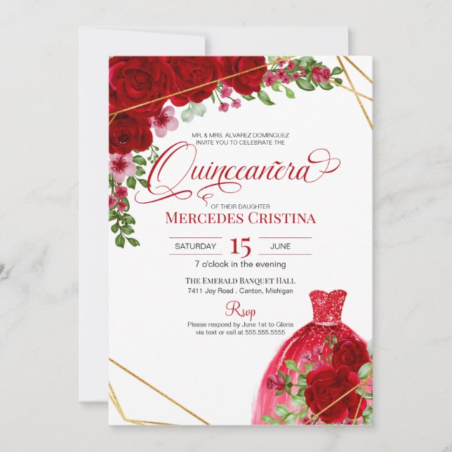 Rote Rosen und Glitzer Kleid Glamour Quinceñera Einladung (Vorderseite)