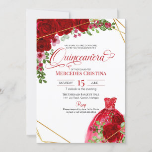 Rote Rosen und Glitzer Kleid Glamour Quinceñera Einladung