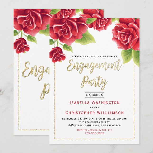 Rote Rosen- und Gold-Glitzer-Engagement Einladung (Vorne/Hinten)
