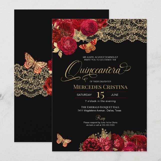 Rote Rosen und Gold Lace Glam Butterfly Quinceñera Einladung (Vorne/Hinten)