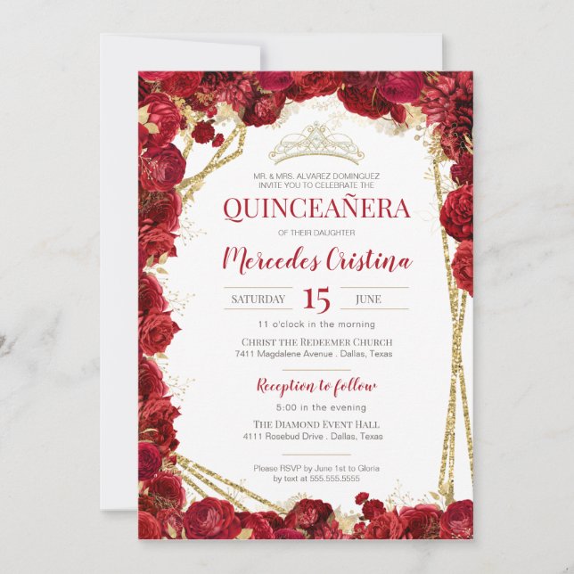 Rote Rosen und Gold Quinceanera mit Tiara Einladung (Vorderseite)