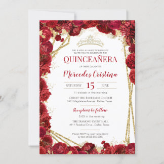 Rote Rosen und Gold Quinceanera mit Tiara Einladung