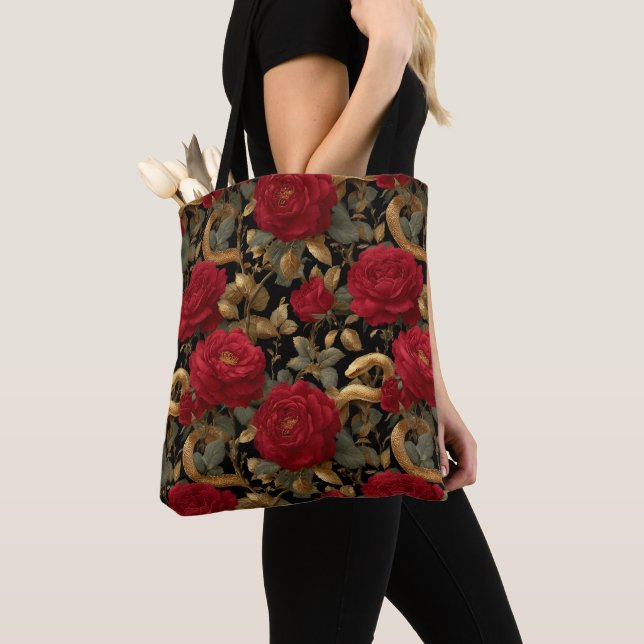 Rote Rosen und goldene Schlangen Muster Tasche (Von Nahem)