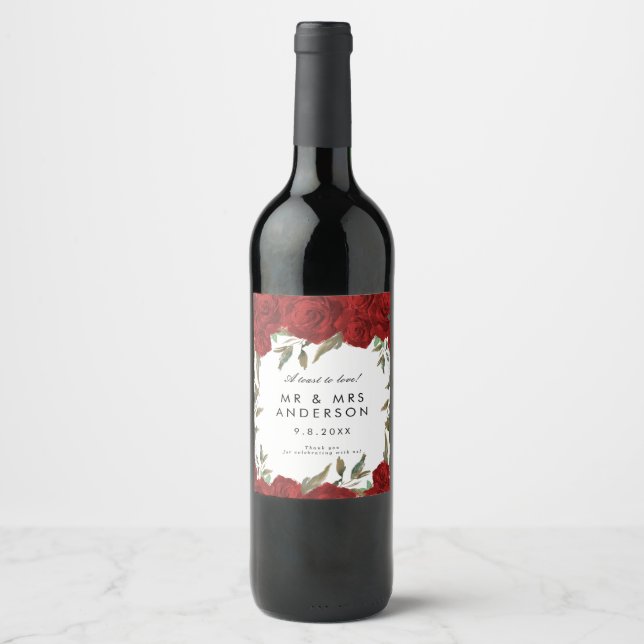 rote Rosen und Grünpflanzen Hochzeitsflasche Weinetikett (Vorderseite)