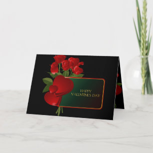 Rote Rosen und Herzen auf der schwarzen Valentinka Feiertagskarte