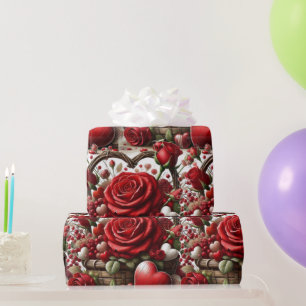 Rote Rosen und Herzen Valentinstag Geschenkpapier