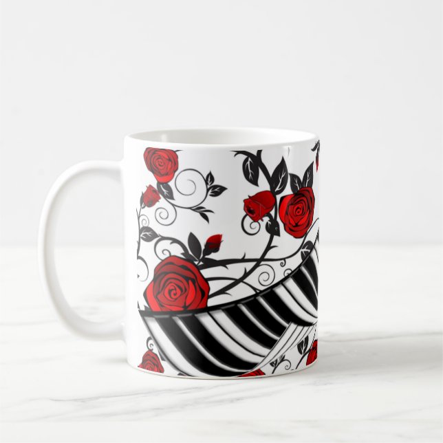 Rote Rosen und Klaviertasten, Blickfang! Kaffeetasse (Links)