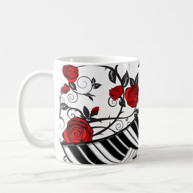 Rote Rosen und Klaviertasten, Blickfang! Kaffeetasse (Links)