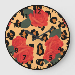 Rote Rosen und Leopardenmuster Große Wanduhr