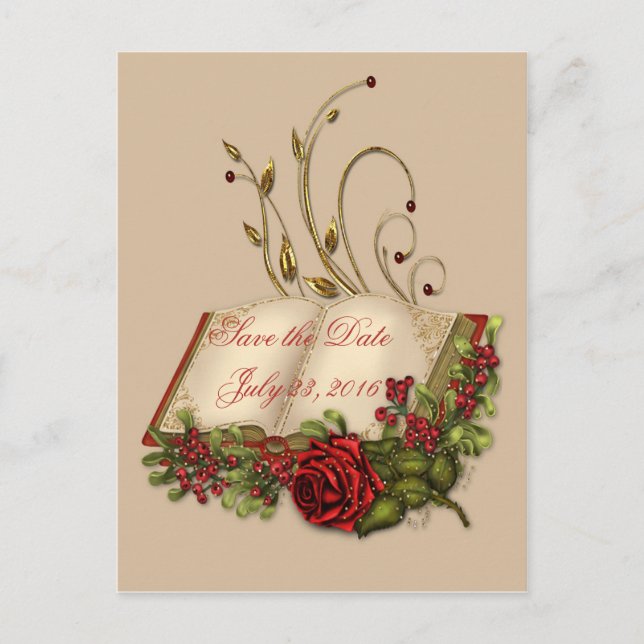 Rote Rosen und offene Bibel Save the Date verziert Ankündigungspostkarte (Vorderseite)