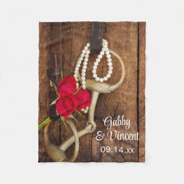 Rote Rosen- und Reitpferde Western Hochzeit Fleecedecke (Vorderseite)