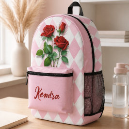 Rote Rosen und rosa und weißes Diamantmuster Bedruckter Rucksack