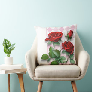 Rote Rosen und rosa und weißes Diamantmuster Kissen