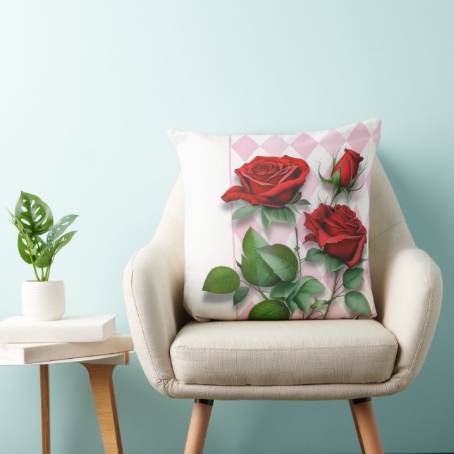 Rote Rosen und rosa und weißes Diamantmuster Kissen (Stuhl )