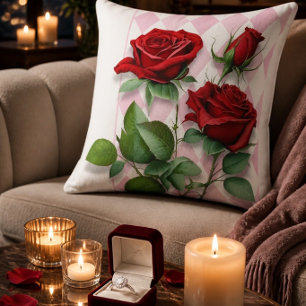 Rote Rosen und rosa und weißes Diamantmuster Kissen