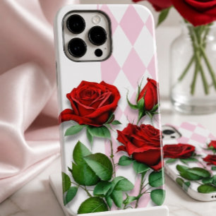 Rote Rosen und rosa-weißes Diamantmuster Case-Mate iPhone 14 Pro Max Hülle