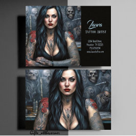 Rote Rosen und Schädel Frauen Tattoo-Künstlerin Visitenkarte