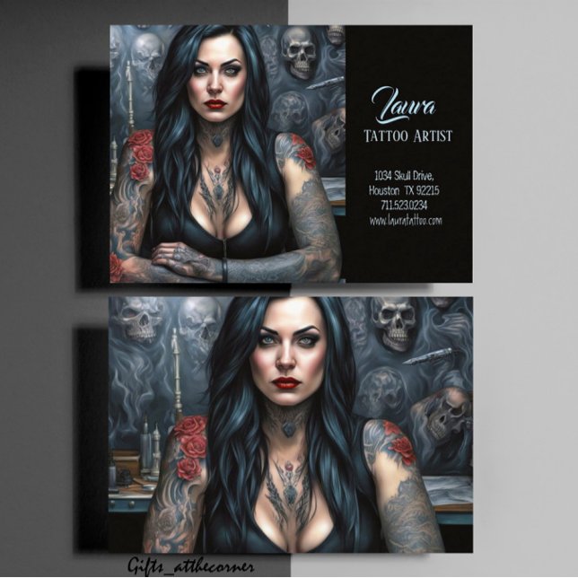 Rote Rosen und Schädel Frauen Tattoo-Künstlerin Visitenkarte (Von Creator hochgeladen)