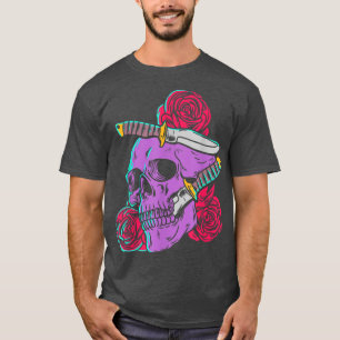 Rote Rosen und Schädel mit Knife Gothic Calaveras T-Shirt