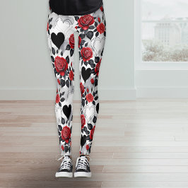 Rote Rosen und schwarze Herzen romantisches Muster Leggings