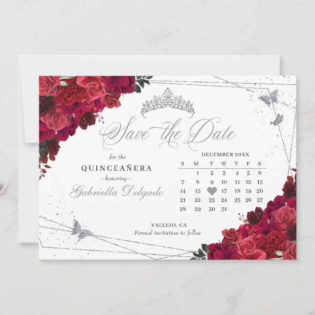 Rote Rosen und Silver Quinceñera Save the Date Einladung (Vorderseite)