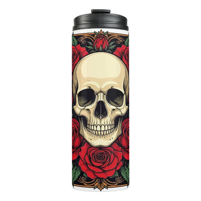 Rote Rosen und Skelettskull Art Nouveau Thermosbecher (Vorderseite)