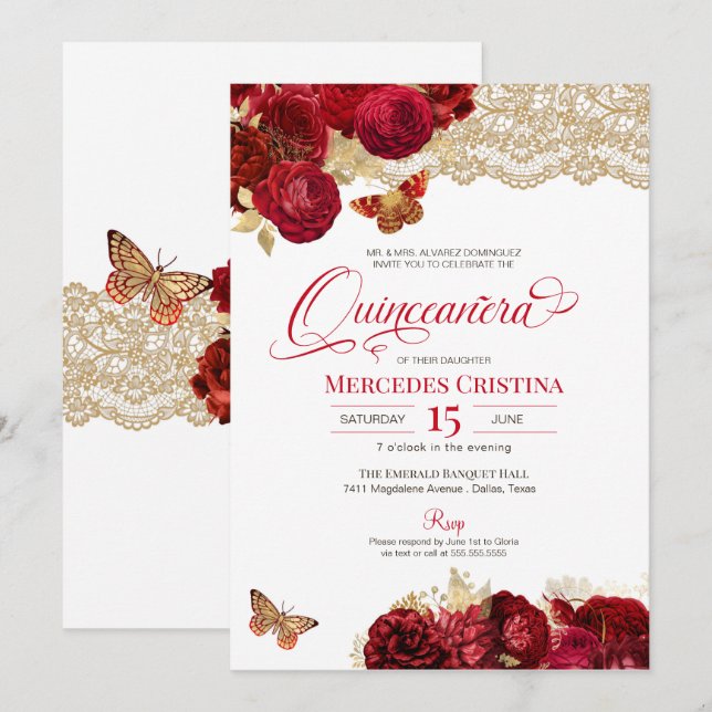 Rote Rosen und Spitzen Glamour Butterfly Quinceañe Einladung (Vorne/Hinten)