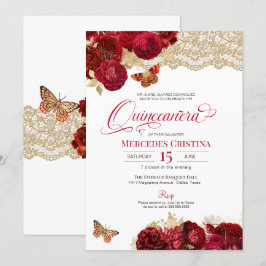 Rote Rosen und Spitzen Glamour Butterfly Quinceañe Einladung