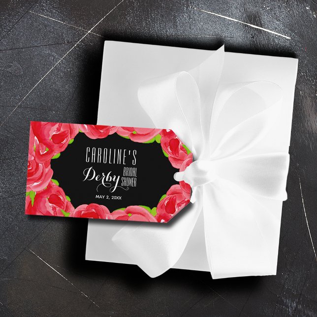Rote Rosen Wasserfarbe Derby Brautparty Geschenkanhänger (Red roses on black Derby-style bridal shower gift tags)