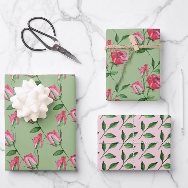 Rote Rosen Wasserfarben Handgemalt Geschenkpapier Set (Vorderseite)