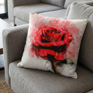 Rote Rosen-Wasserfarbenkunst auf weißem Hintergrun Kissen