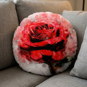 Rote Rosen-Wasserfarbenkunst auf weißem Hintergrun Rundes Kissen