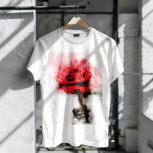 Rote Rosen-Wasserfarbenkunst auf weißem Hintergrun T-Shirt