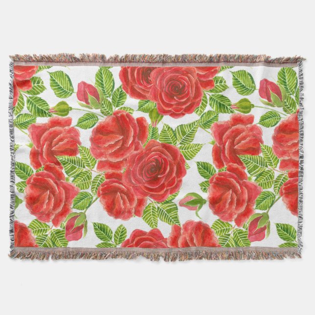 Rote Rosen Wasserfarbennahes Muster Decke (Vorderseite)