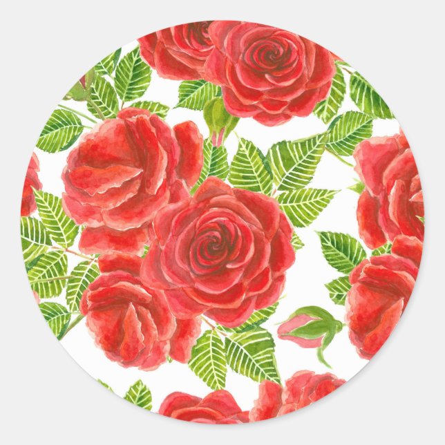 Rote Rosen Wasserfarbennahes Muster Runder Aufkleber (Vorderseite)