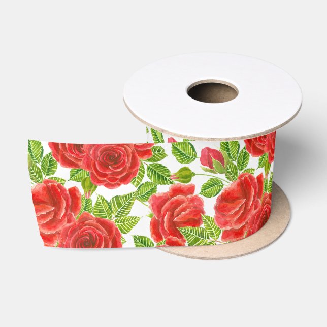 Rote Rosen Wasserfarbennahes Muster Satinband (Spule)