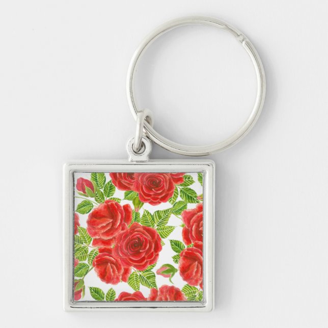 Rote Rosen Wasserfarbennahes Muster Schlüsselanhänger (Vorne)