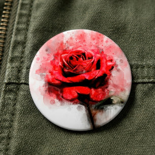 Rote Rosen-Wasserfarbkunst auf weißem Hintergrund Button