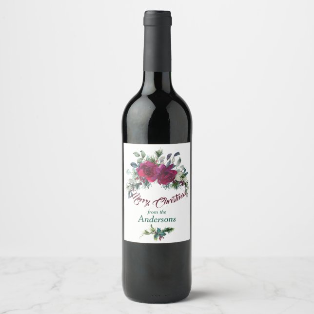Rote Rosen Weihnachts Bouquet Personalisiert Weinetikett (Vorderseite)
