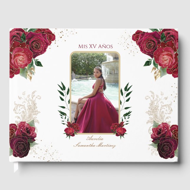 Rote Rosen, Weiß, Quinceñera Libro de Firmas Gästebuch (Vorderseite)