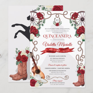 Rote Rosen Western Quinceanera Elegante Kunst, Dic Einladung