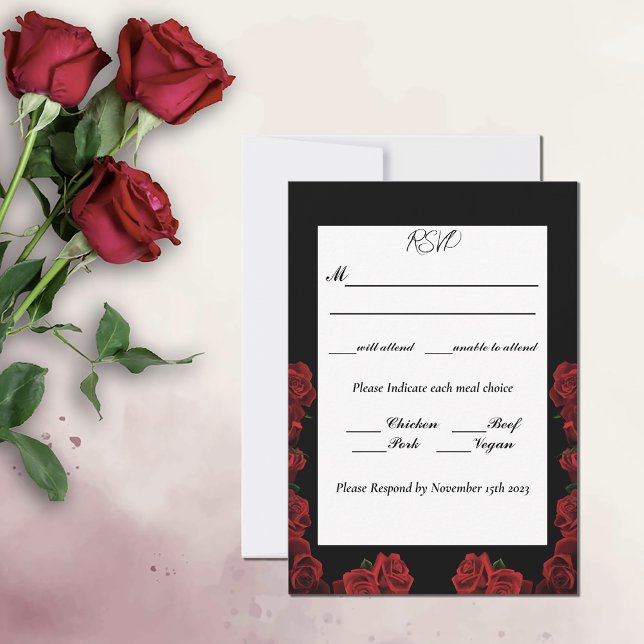 Rote Rosen White Black Elegance Zeitlose Hochzeit RSVP Karte (Von Creator hochgeladen)