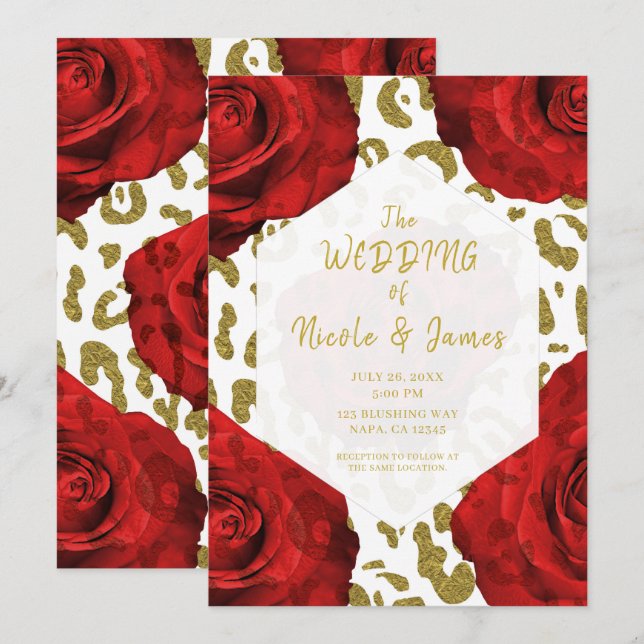 Rote Rosen White Gold Cheetah Leopard Chic Hochzei Einladung (Vorne/Hinten)