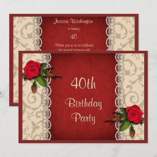 Rote Rosen & White Lace 40. Geburtstag Party Einladung