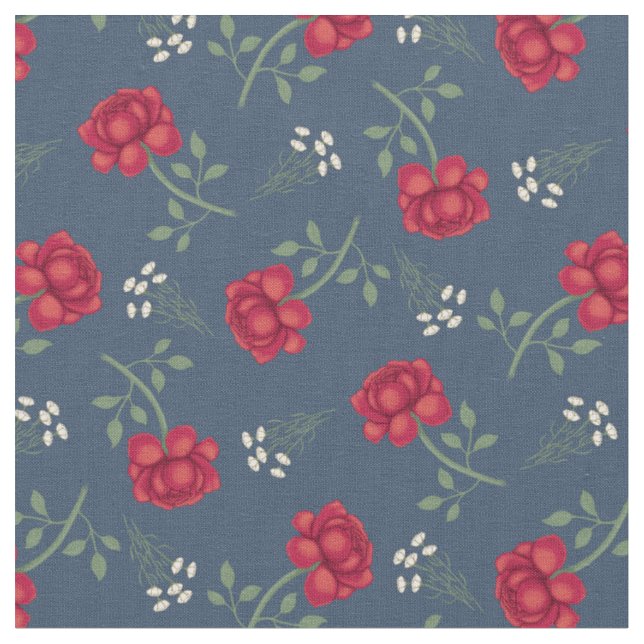 Rote Rosen zu Dusky Blue Calico Stoff (Nahaufnahme)