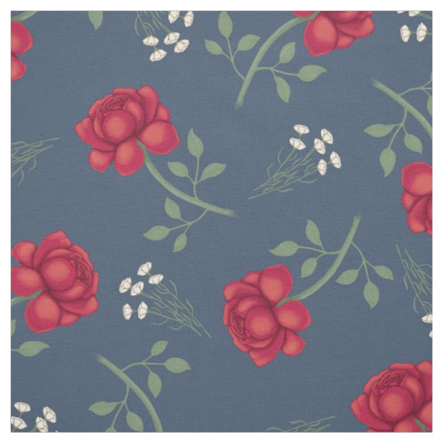 Rote Rosen zu Dusky Blue Calico Stoff (Muster)