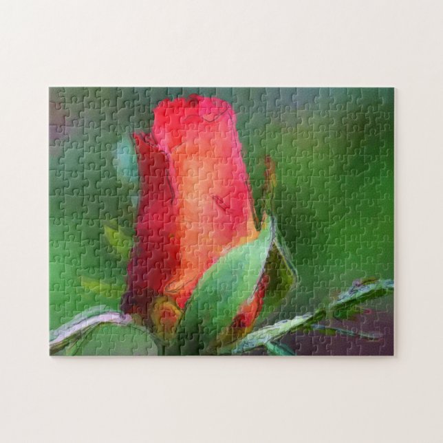 Rote Rosenknospe Blume Aquarellfarben Foto Malerei (Horizontal)