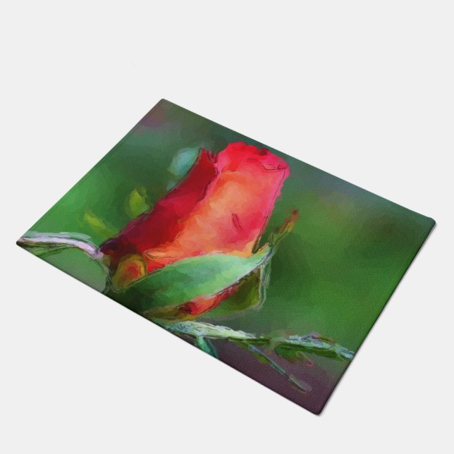 Rote Rosenknospe Blume Aquarellfarben Foto Malerei Fußmatte (Schrägansicht)