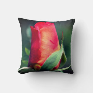 Rote Rosenknospe-Blume mit gelben Highlights Nah Kissen