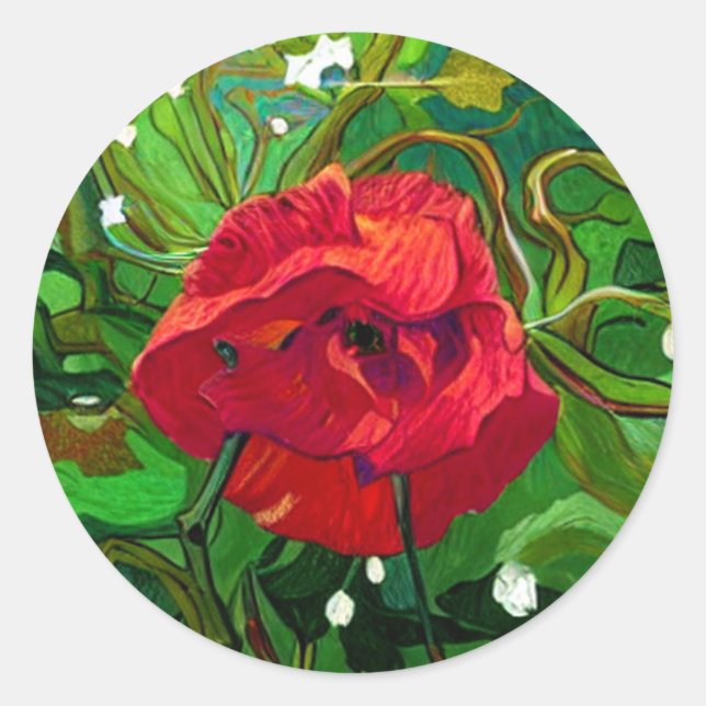 ROTE ROSENKUNST RUNDER AUFKLEBER (Vorderseite)